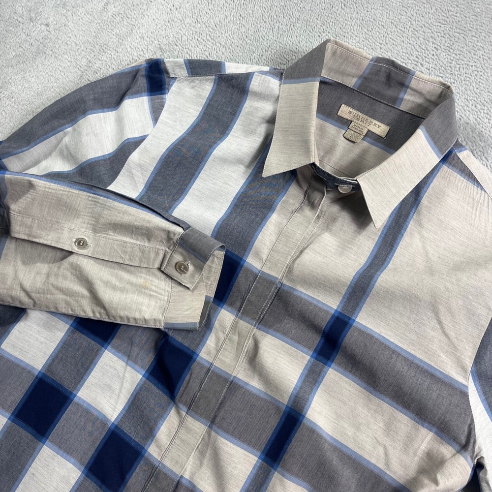 Burberry Brit Womens Small Blue Grey Nova Check Roll Tab Button Down Shirt